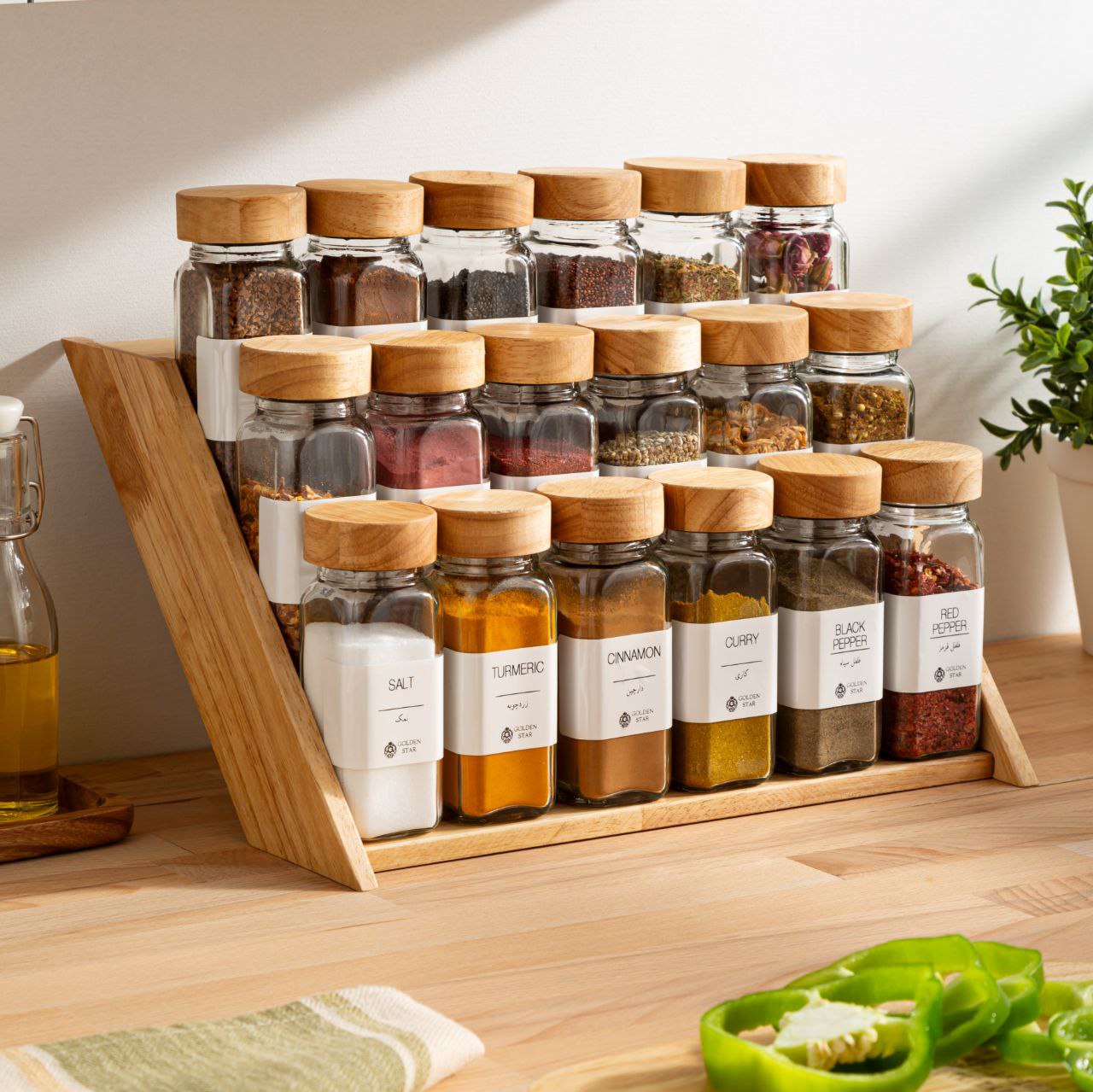 ست کامل جا ادویه مک کارتی با استند چوبی و بانکه 12 سانتی با درب چوبی