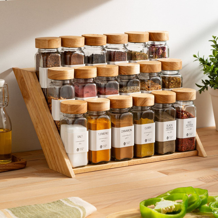 ست کامل جا ادویه مک کارتی با استند چوبی و بانکه 12 سانتی با درب چوبی